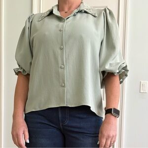 Women's Sage Green Puff Sleeve Top with diamonte detail on collar